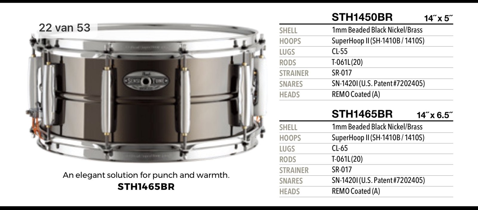 Pearl STH-1465BR Sensitone Heritage brass snare 14x6.5”